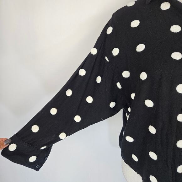 Zara Black Button Up Embroidered Pom Pom Polka Dot Collared Dolman Sleeve Top XS - Picture 7 of 14